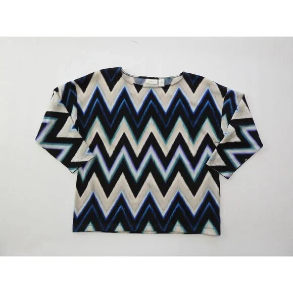 Chicos Blue Black Chevron Zig Zag Stretch Knit Top Size 1 Med Boat Neck - Picture 2 of 11